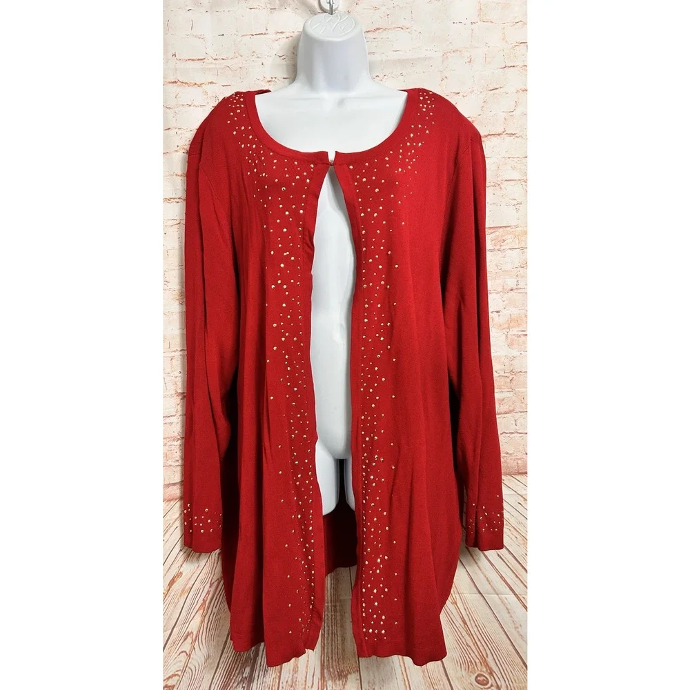 Catherines Red Cardigan Sweater Sz 3X (26W/28W) Open Front Gold Studs Ribbed Top